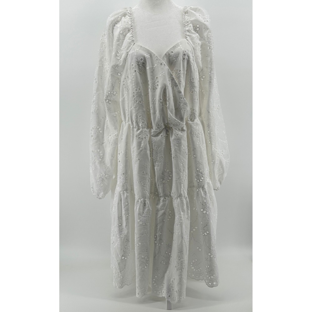 White Floral Eyelet Tiered XL Midi Dress‎ Boho Festival Romantic Feminine Hippie
